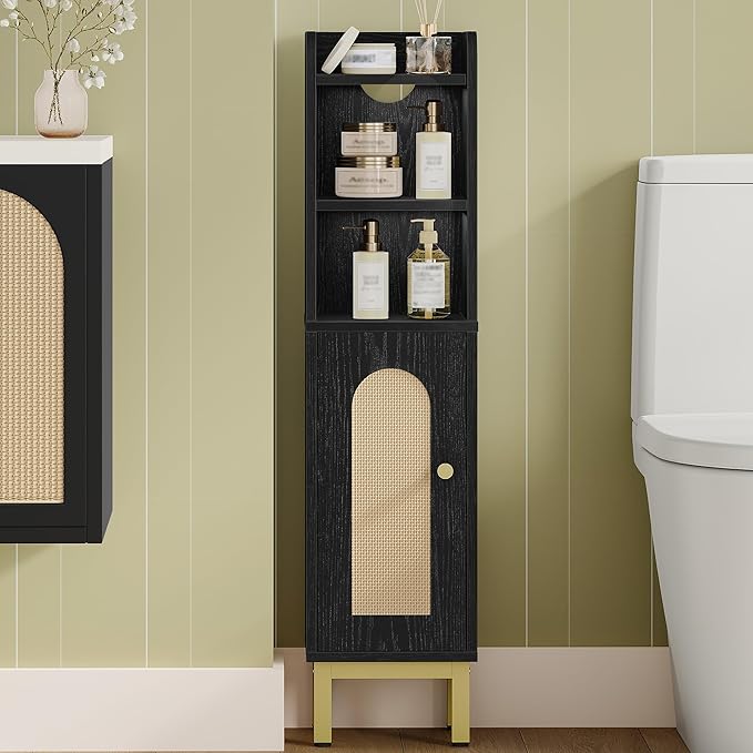 Hzuaneri Bathroom Storage Cabinet, Small Corner Floor Cabinet with Door and Shelves, Narrow Toilet Paper Holder, Bathroom Organizer with Adjustable Shelf, for Small Spaces, Rattan Black BC08204Y