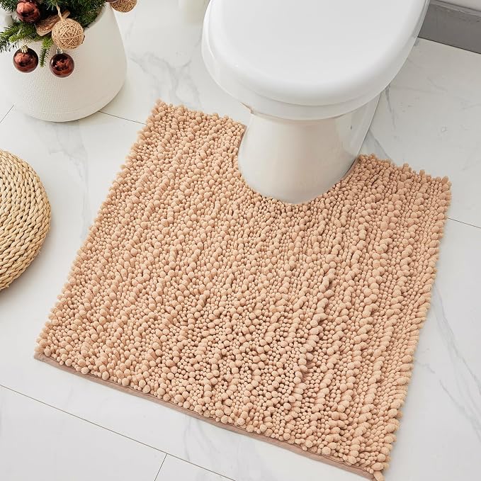 Toilet Rugs U-Shaped Mat 24x24, Contour Bathroom Mat - Ultra Soft & Absorbent Chenille, Quick-Dry, Machine Washable with Non Slip Barrier Backing, Beige