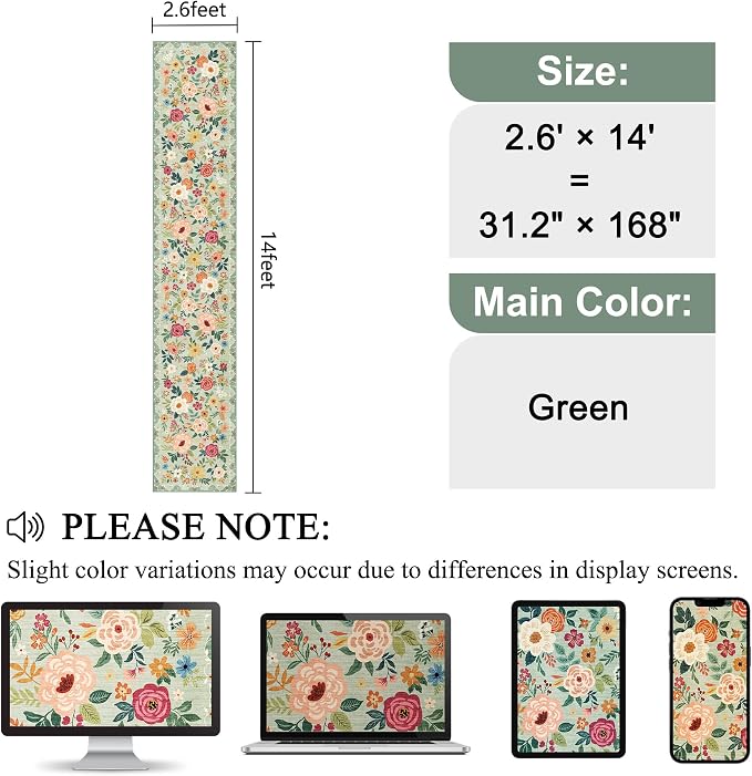 DUKINO 2.6x14 Kitchen Runner Rug, Lightweight Floral Washable Rug for Hallway, Boho Low Pile & Non Slip Backing Soft Floor Carpet for Entryway, Bedroom, Bathroom, Laundry, Green