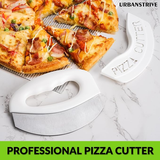 Urbanstrive Heavy Duty Stainless Steel Pizza Cutter with Cover, Super Sharp Blade Pizza Knife Pizza Cutter Rocker, Perfect Kitchen Gadgets for Pizza Cutting Home Essentials, White