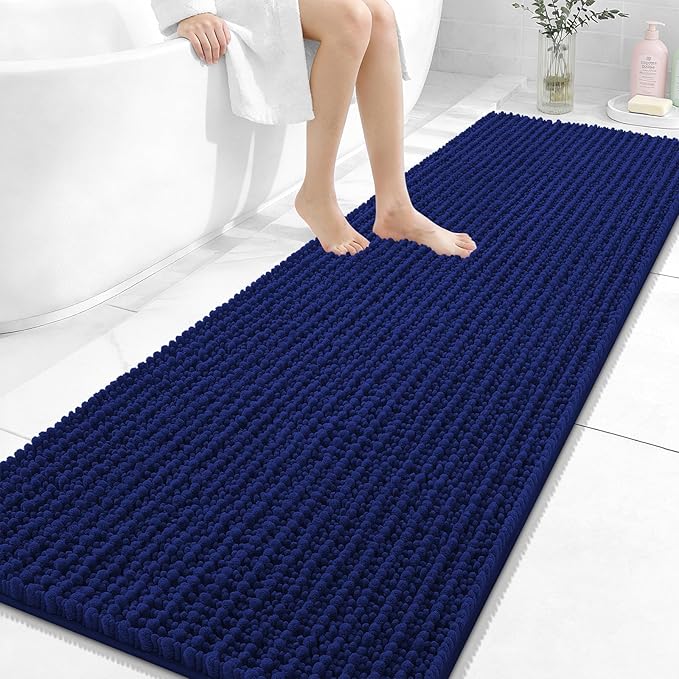 OLANLY Long Bathroom Rugs Runner 70x24, Thick Soft and Absorbent Chenille Bath Mat, Non-Slip, Machine Washable Quick Dry Bath Rugs for Tub Shower Floor, Home Decor Accessories, Navy Blue