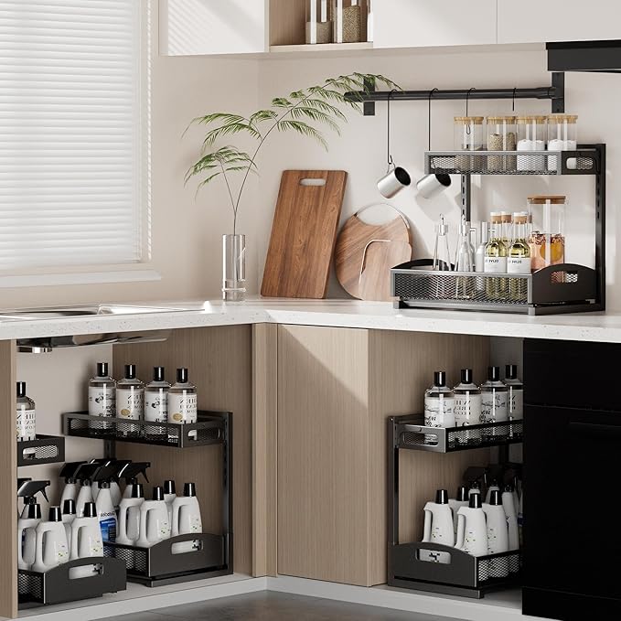 Petiza Under Sink Organizer,2 Pack Height Adjustable Under Sink Organizers and Storage, 2 Tier Under Sink Storage for Kitchen Bathroom Cabinet