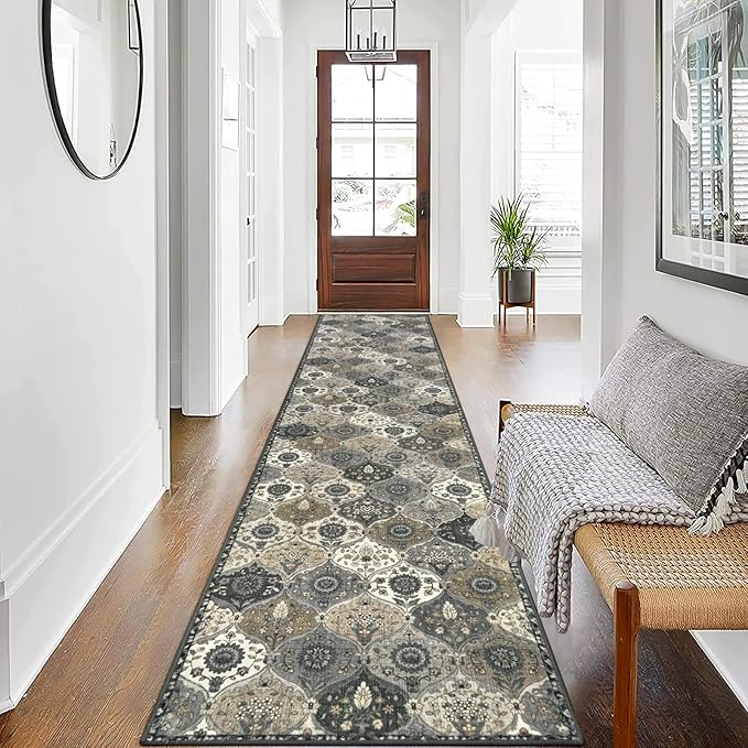 Lahome Moroccan Washable Runner Rug Non Slip, 2x10 Runner Rugs for Hallway 2x10 Vintage Ultra-Thin Throw Long Carpet for Kitchen Entryway Bedroom Laundry Room Elise, Grey