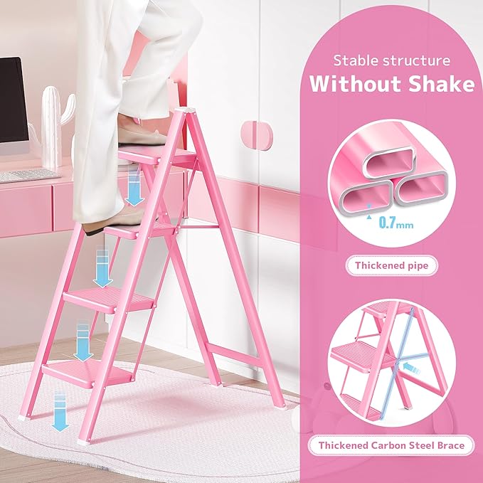 Pink 4 Step Ladder, Sturdy Foldable Ladder, Integrated 7.9Inch Wide Pedal and Anti-Slip Feet for Steady Support, Suitable for Kitchen, Closet, Indoor and Outdoor Use, 330Lbs Load
