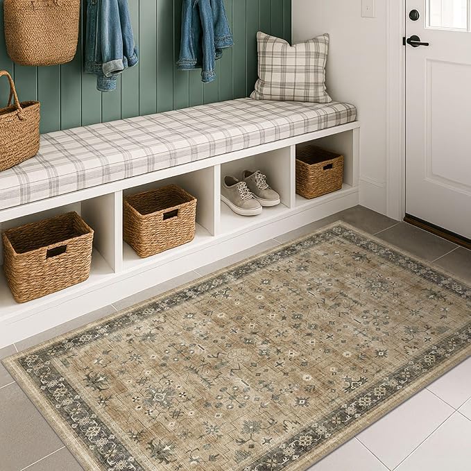 Hazo Haus Traditional Washable 3x4 Entry Rug, Mudroom Indoor Entrance Door Mat, Non-Slip Kitchen Floor Rug with Rubber Backing, Stain and Fade Resistant, Earthy Taupe & Sage Floral Design