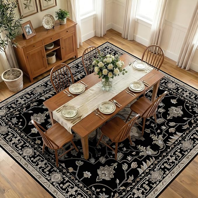 RELEANY Area Rugs Square 10ft Washable Non-Slip, Floral Vintage Distress Medallion Carpet for Living Room Bedroom Dining Room, Black Brown Neutral Dark Tan
