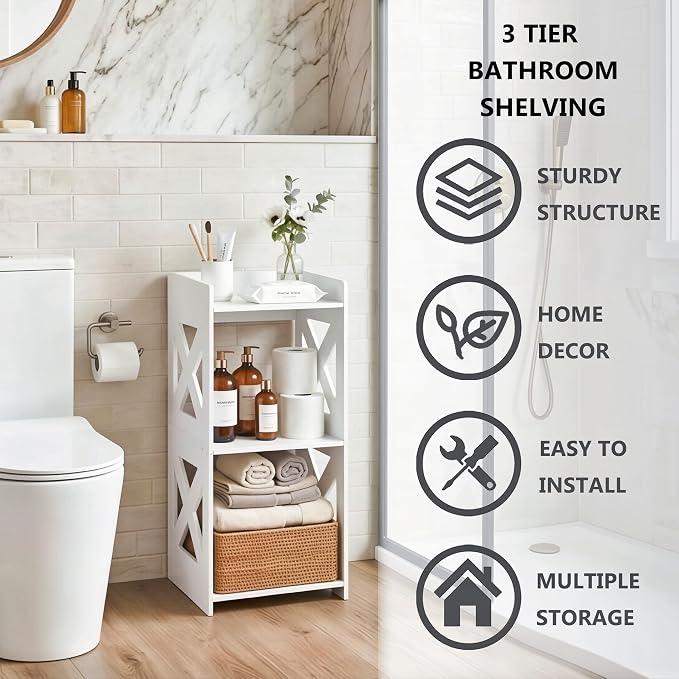 Small Bathroom Storage Corner Shelf, Waterproof PVC Narrow Floor Stand, Slim Gap Filler Organizer for Toilet Side, Laundry Room, Shower, Kitchen Spice Rack, White Restroom Holder (3-Tier)