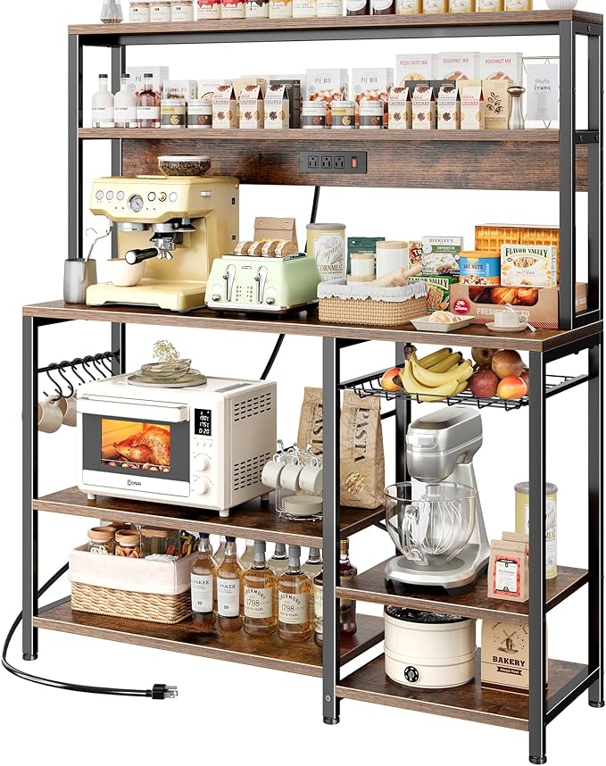 SUPERJARE Bakers Rack with Power Outlet, 47.2 Inches Coffee Bar with 3 Level-Adjustable Open Shelves, Wire Basket, Kitchen Microwave Stand with 6 S-Shaped Hooks, Rustic Brown