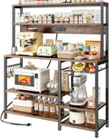 SUPERJARE Bakers Rack with Power Outlet, 47.2 Inches Coffee Bar with 3 Level-Adjustable Open Shelves, Wire Basket, Kitchen Microwave Stand with 6 S-Shaped Hooks, Rustic Brown