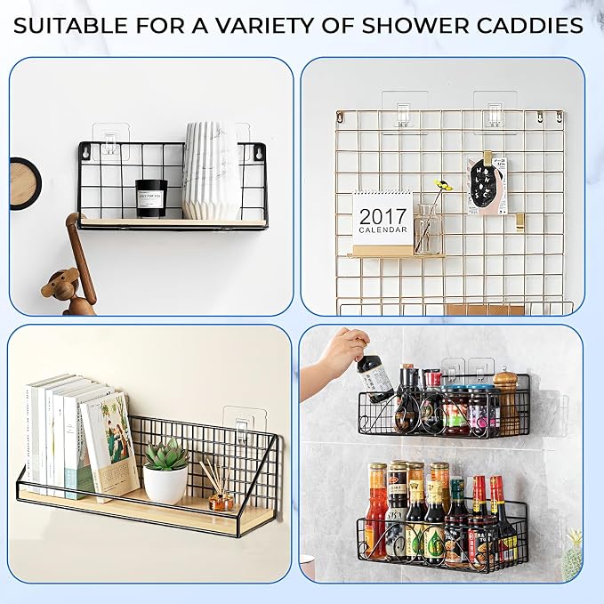 Shower Caddy Adhesive Replacement Hooks, Heavy Duty Waterproof Strips, No Drilling for Bathroom Shelves, Kitchen Racks, and Soap Holders (Transparent-14 Pack 1 Hook)