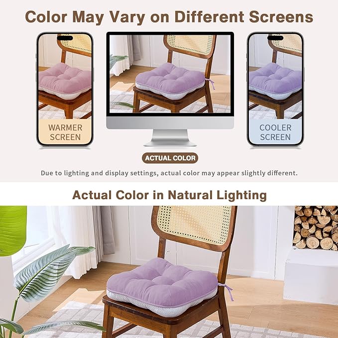 BETU Chair Cushions for Dining Chairs Set of 6,3.5" Thick Kitchen Table Chair Pads with Ties,Non Slip Backing and Covers, Seat Cushion for Dining Room,Bar,Patio Chairs,15.5"X15.5"X3.5",Purple