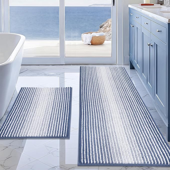 BSICPRO Bathroom Rugs and Mats Sets, 2 Piece Thick Absorbent Chenille Bath Mat Rug Set Non Slip, Soft Shaggy Bath Room Floor Mats for Bathroom, Machine Washable (20" x 60" Plus 20" x 32",Denim Blue)