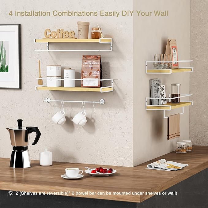 Forbena Floating Shelves for Wall with Rail, White and Natural Wood Nursery Book Shelves for Baby Girls Boys Kids Room Bedroom, Hanging Bookshelves Wall Mounted for Books, Toys, Bathroom (Set of 2)