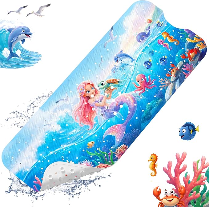 XIYUNTE Baby Bath Mat for Tub Non Slip Kids, BPA Free Extra Long Bathtub Mat 40x16 with Drain Holes and 200 Suction Cups, Non Toxic Machine Washable Toddler Bath Mat, Eco-Friendly Certified