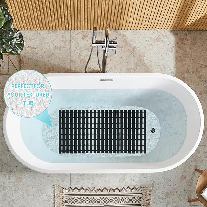 Black Weighted Non Slip Bathtub Mat Without Suction Cups,Textured TPE Bath Mat for Textured Tub & Shower Surfaces,Doesn't Float, Works on Tile and Stone(33.8”x 17”)