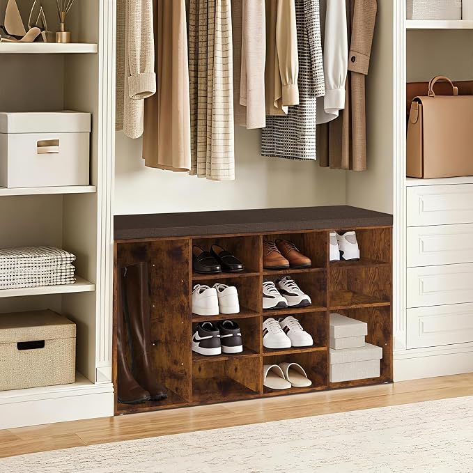 DINZI LVJ Shoe Storage Bench with Cushion, 16-Cubby Shoe Rack, Adjustable Shelves, Multifunctional Shoe Organizer Bench for Entryway, Mudroom, Hallway, Living Room, Bedroom and Garage, Rustic Brown