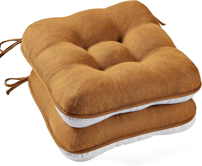 BETU Chair Cushions for Dining Chairs Set of 2,3.5" Thick Kitchen Table Chair Pads with Ties,Non Slip Backing and Covers, Seat Cushion for Dining Room,Bar,Patio Chairs,15.5"X15.5"X3.5",Caramel