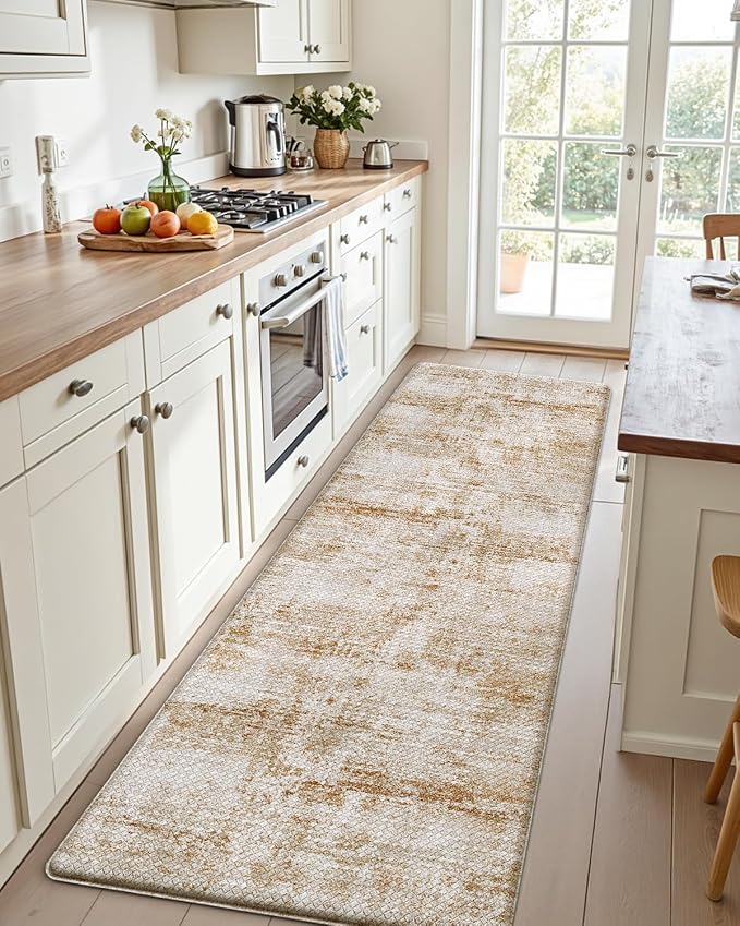DEXI Kitchen Mats Cushioned Anti Fatigue, 23x86 Floor Padded Runner Rug Non Slip, Waterproof Standing Comfort Memory Foam for Front Sink Laundry, Light Brown