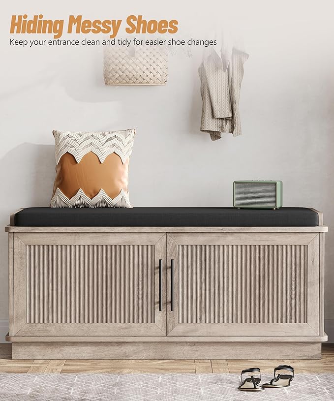 Akxomel Fluted Shoe Storage Bench with Cushion, 39.4" Entryway Bench with Adjustable Shelves and 2 Doors, Shoe Cabinet Bench with Curved Profile, for Hallway, Living Room, Bedroom, Greige