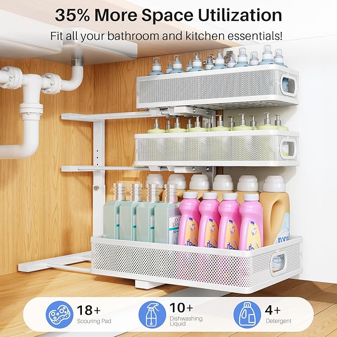 Under Sink Organizer, 1-Pack 3-Tier Thickened Metal Pull out Cabinet Organizer Shelf, Height Adjustable Slide out Storage Drawer Rack for Kitchen Bathroom Pantry Laundry Home Organization, White