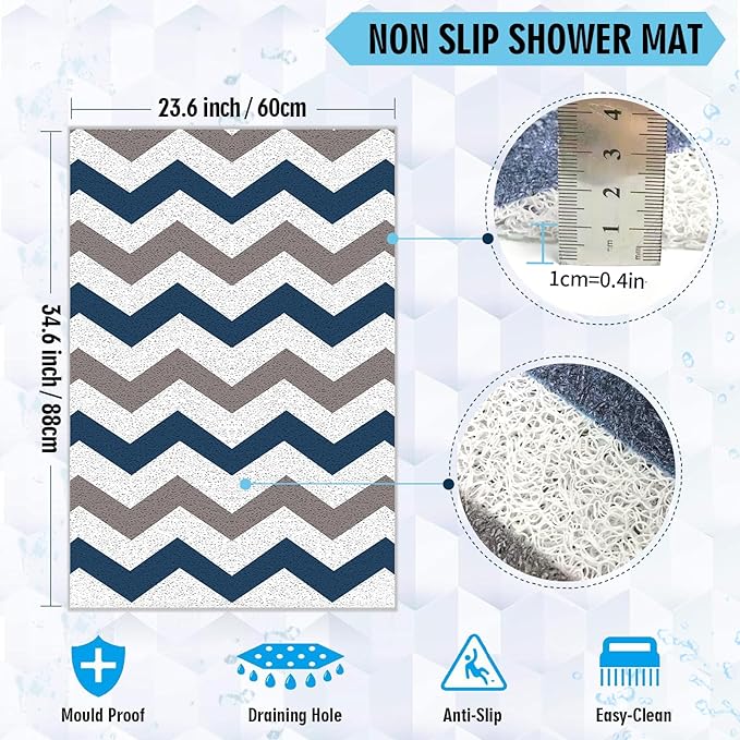 godehone Shower Mats Non Slip Without Suction Cups, PVC Loofah Bathroom Mats, Loofah Mats for Shower and Bathroom, Quick Drying, 23.6× 34.6 Inch, Blue Geometric
