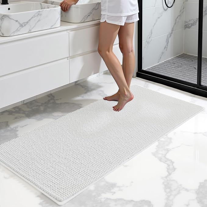SUBRTEX Bathroom Rugs, 24" x 60" Chenille Bath Rug Soft Short Plush Bath Mat Soft Shower Mat Water Absorbent Shower Mat Quick Dry Machine Washable, White