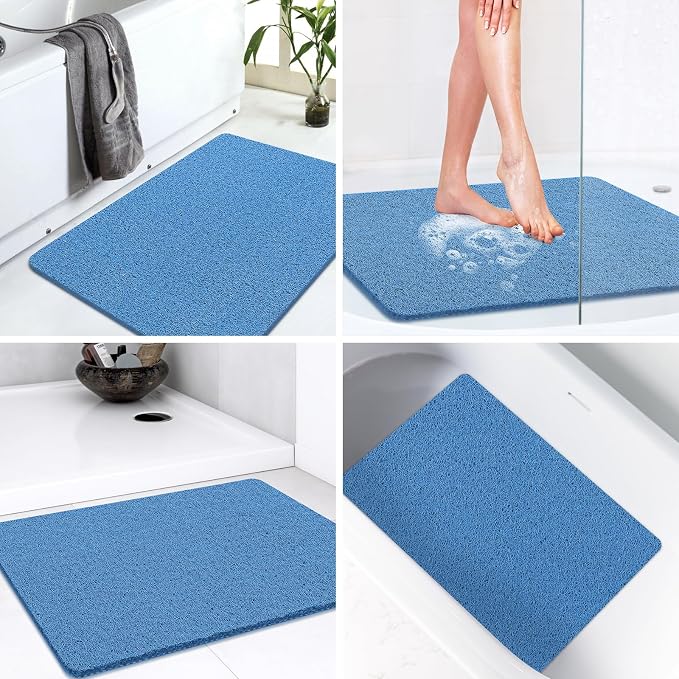 LuxStep Shower Mat Bathtub Mat,24x32 inch, Non-Slip Bath Mat with Drain, Quick Drying PVC Loofah Bathmat for Tub,Shower,Bathroom (Lake Blue)
