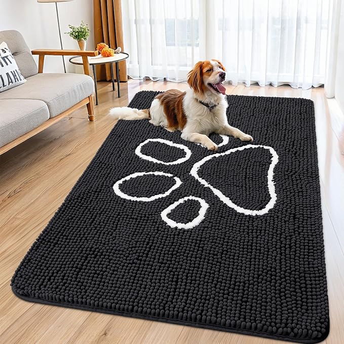Smiry Dog Door Mat for Muddy Paws, Absorbent Dirt Trapper Non Slip Quick Dry Washable Chenille Mat for Mud Dogs, Entry Rug for Indoor and Outdoor (59x32 Inches, Black and White)