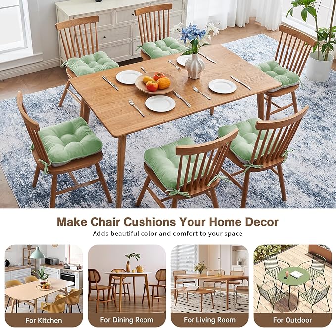BETU Chair Cushions for Dining Chairs Set of 6,3.5" Thick Kitchen Table Chair Pads with Ties,Non Slip Backing and Covers, Home Decor Seat Cushion for Dining Room,Bar,Patio Chairs15.5"X15.5"X3.5"Green