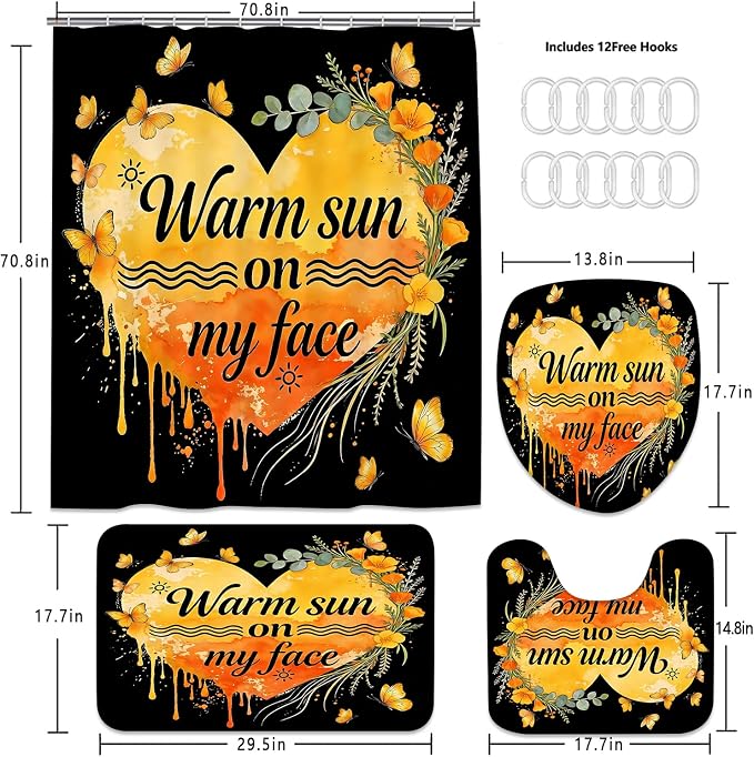 LQCOOL 4Pcs Black Orange Shower Curtain Set, Summer Bathroom Sets, Waterproof Bathroom Sets with Shower Curtain and Rugs, Shower Curtain with 12 Hooks