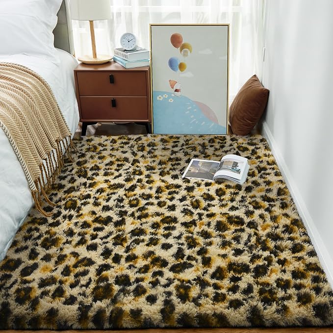 Ophanie Leopard Rugs for Bedroom Living Room, Cheetah Print Rug Fluffy Shag Large Fuzzy Plush Soft Throw,Large Shaggy Floor Big Faux Animal Throw 4x6 Carpets,Home Decor Aesthetic