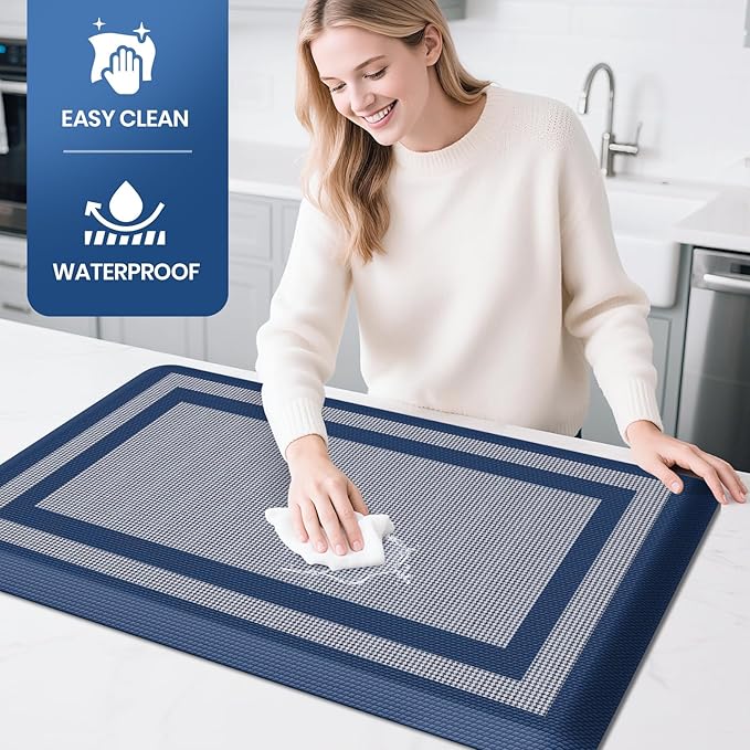 KitchenClouds [2 PCS Kitchen Rugs Cushioned Anti-Fatigue Kitchen Mats for Floor Waterproof Kitchen Rug Set Non-Slip Comfort Standing Mat for Office, Sink, Laundry 17.3"×29"+17.3"×47",Blue