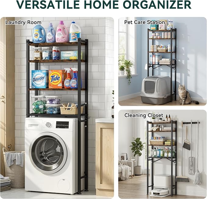GloTika 4-Tier Over The Toilet Storage with Paper Holder and 4 Hooks - Metal Over Toilet Bathroom Organizer Shelf, Freestanding Bathroom Cabinet for Laundry/Living Room (69.3" H, Black Brown)