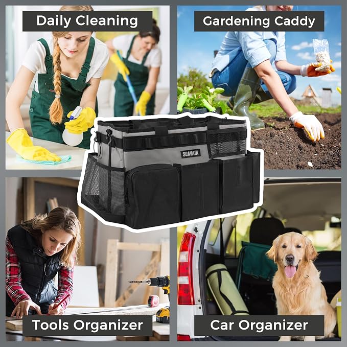 SCAVATA Wearable Cleaning Caddy Bag, Cleaning Caddy Supplies Organizer with Handle & Shoulder Straps for Housekeepers, Under Sink & Car Cleaning Tool Organizers with 4 Foldable Divider (Grey)