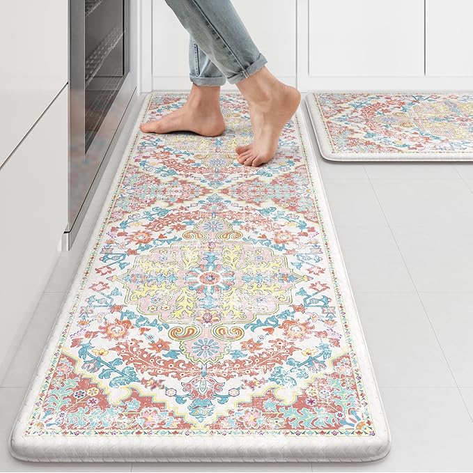 KIMODE Kitchen Mats for Floor, 17"x47"+17"x29" Boho Vintage Kitchen Rugs 2 PCS, Cushioned Anti Fatigue Mats for Kitchen Floor, Non-Slip Kitchen Floor Mats, Sink, Laundry, Office, Desk Pink