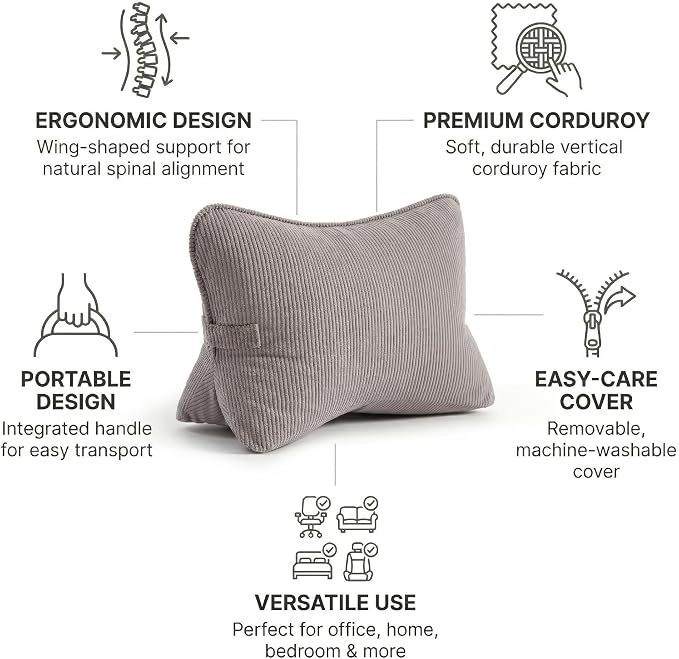 Pat. Pend. Corduroy Lumbar Support Pillow for Watching TV, Reading & Gaming, Triangle Cushion for Sofa, Armchair, Couch or Bed, Removable Washable Cover, Light Gray