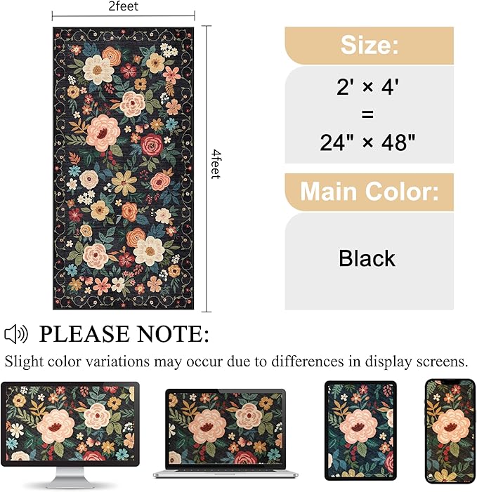 DUKINO 2x4 Rug for Entryway, Washable Kitchen Floral Runner Rug with Non Slip Backing, Low Pile Soft Boho Carpet for Kitchen, Hallway, Entryway, Laundry, Bedroom, Black