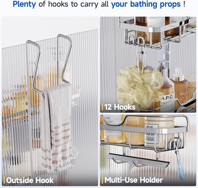Skyapex Shower Caddy Over the Door Organizer: Bath Rack Hanging Over Glass with Hooks - Storage Shelf Inside Bathroom for Shampoo - Sliver