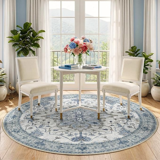 RELEANY Area Rugs Round 5ft Washable Non-Slip, Floral Vintage Distress Medallion Carpet for Living Room Bedroom Dining Room, Light Blue Navy Gray White