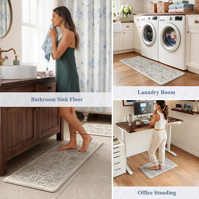 KIMODE Anti Fatigue Kitchen Mats for Floor, Boho Floral Kitchen Rugs 17"x29.5"+17" x47”, Cushioned Mats for Kitchen Floor, Non Slip Kitchen Floor Mats, Sink, Laundry, Office, Desk Blue Multi