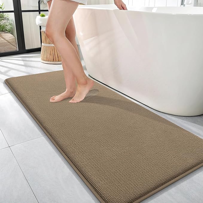 OLANLY Thick Memory Foam Bathroom Runner Rugs 47x17, Extra Soft Absorbent Long Bath Rug, Quick Dry Bath Mats, Non-Slip, Machine Washable Mat for Bathroom, Tub and Shower, Home Decor Accessories, Tan
