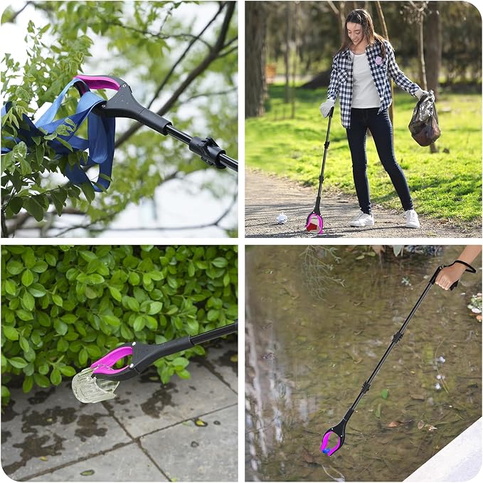 36" Grabber Reacher Tool, Foldable Reacher Grabber Pickup Tool with 360° Rotating Jaw & Two Magnets, Extra Long Trash Picker Upper Grabber, Lightweight Grabbers for Seniors, Pink