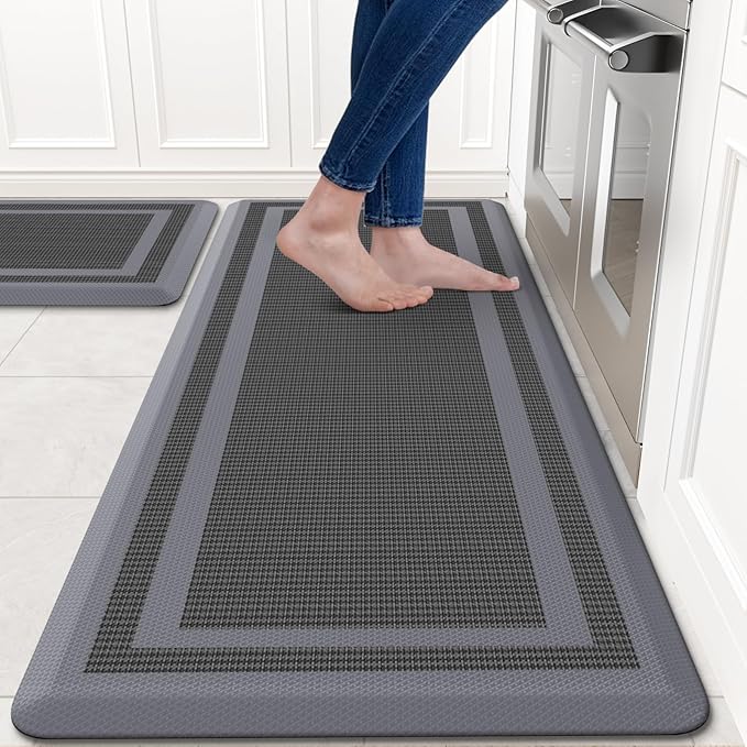 KitchenClouds [2 PCS] Kitchen Rugs Cushioned Anti-Fatigue Kitchen Mats for Floor Waterproof Kitchen Rug Set Non-Slip Comfort Standing Mat for Office, Sink, Laundry 20"×30"+20"×47", Grey