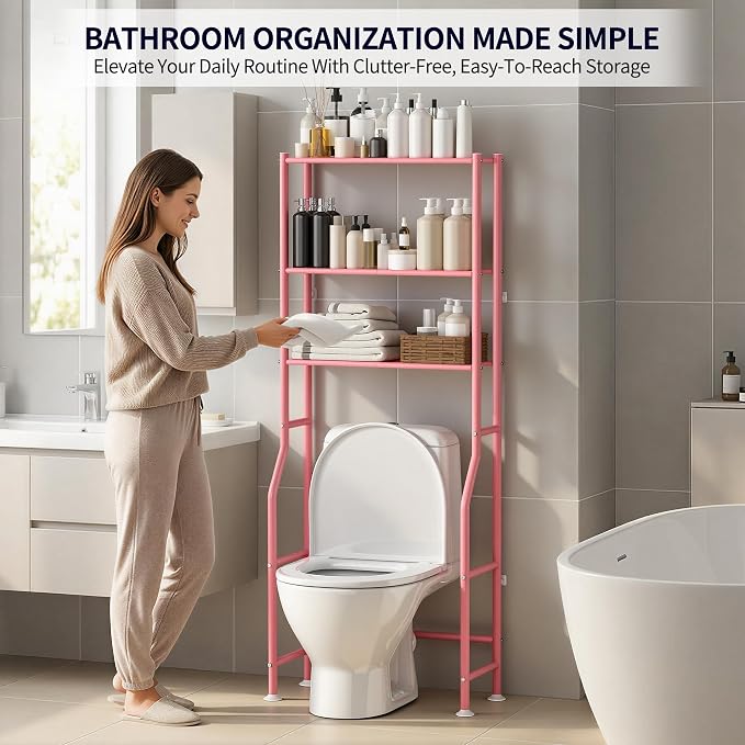 3-Tier Over The Toilet Storage, Freestanding Metal Bathroom Shelves, Space Saver Above The Over Toilet Storage Shelf for Bathroom (Pink)