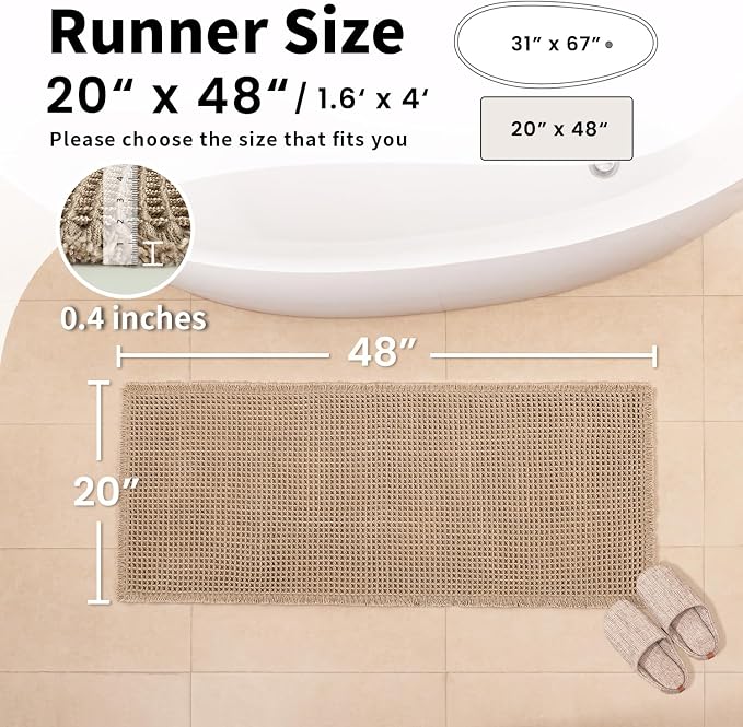Waffle Bath Mat - Boho Bathroom Rugs Non Slip Washable, Super Absorbent & Quick Dry, Soft Bath Mat Farmhouse Bathroom Decor, 20'' x 48'', Khaki