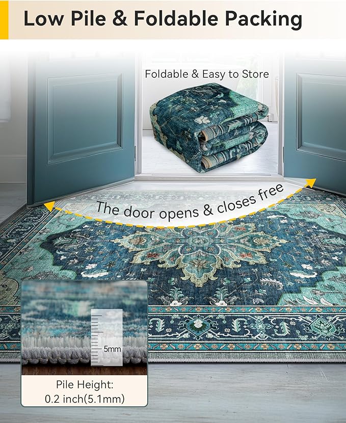 RELEANY Area Rugs 4'x5' Washable Non-Slip, Floral Vintage Distress Medallion Carpet for Living Room Bedroom Dining Room, Teal Green Lake Blue Turquoise