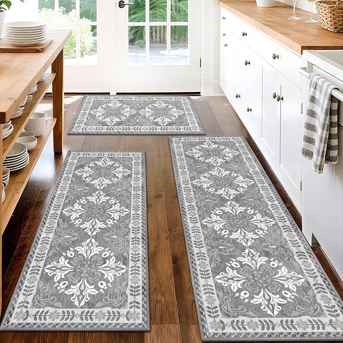 3-Piece Kitchen Rugs, Non-Slip & Washable Floor Mats, Water-Absorbent Area Pad, Standing Desk Mat for Office, Home, Doorway, Laundry, Kitchen Accessories (Light Grey)