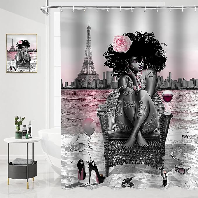 5Pcs Black Girly Bathroom Sets with Rugs and Wall Painting, Pink and Black African American Shower Curtain Set with Rugs, Parisian-Style Modern Wall Decor, Bathroom Shower Curtain and Rug Set