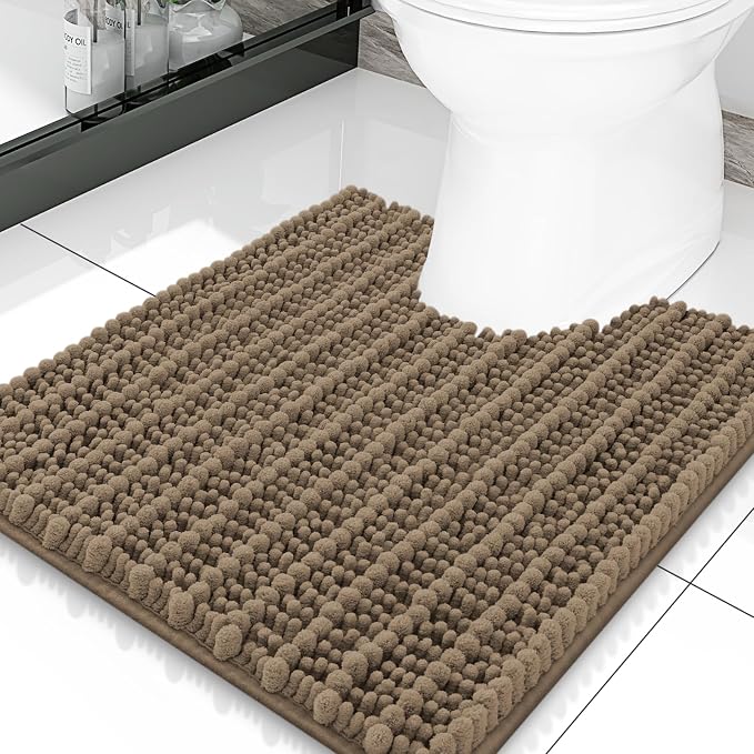 Smiry Bathroom Toilet Rugs U Shaped 20x20, Extra Soft Absorbent Non Slip Rubber Backing Chenille Contour Bath Rugs for Toilet, Machine Washable Contoured Bath Mats, Camel
