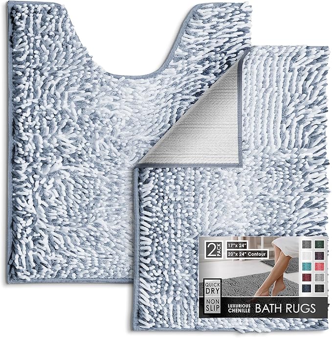 Hearth & Harbor Bathroom Rugs, Chenille Bath Mat - Machine Washable Bath Mats for Bathroom Non-Slip Backing Rubber, Quick Dry Bathroom Mat, 17 x 24 + 20 x 24 - Ombre Blue